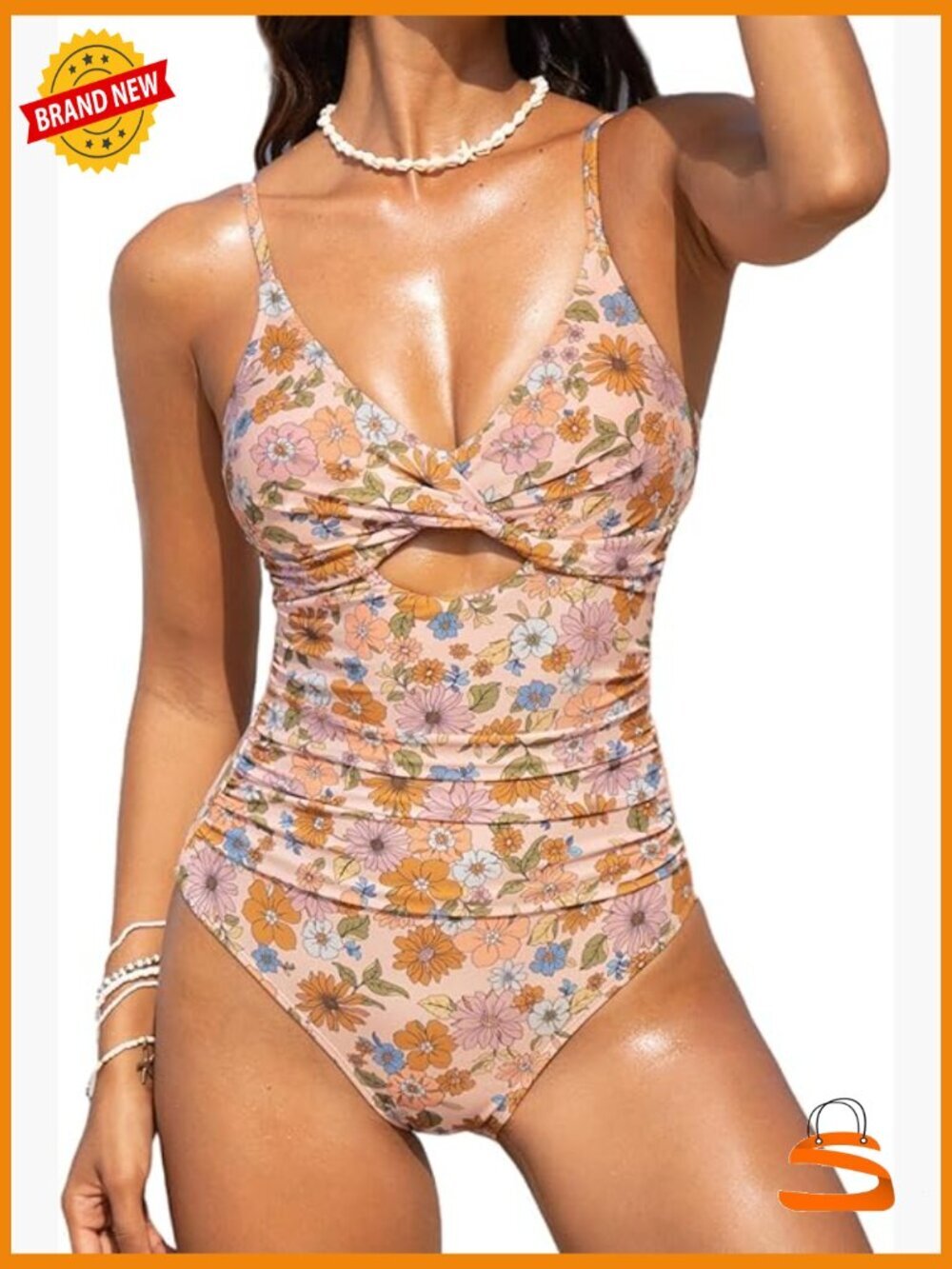 Twist Front Cutout One Piece Swimsuit Adjustable Straps Ruched Swimwear